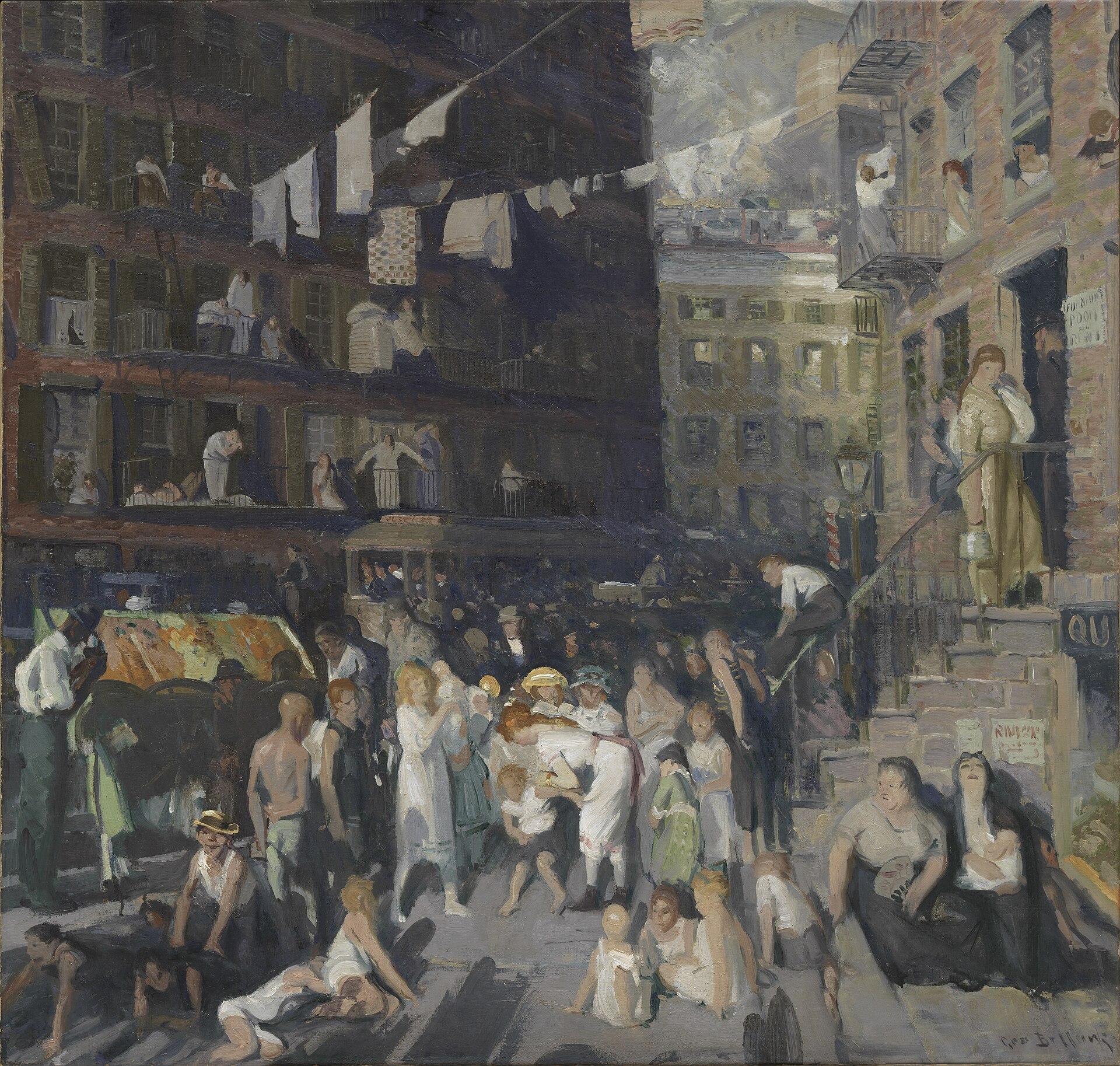 George Bellows’ painting Cliff Dwellers (1913): a crowded New York tenement street filled with people
